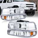 Fullux Headlights Assembly fit 1999-2002 Chevy Silverado 1500 2500 1500HD 2500HD 3500HD / 2000-2006 Tahoe Suburban 1500 2500 Replacements Headlamp Amber Reflector Chrome Housing