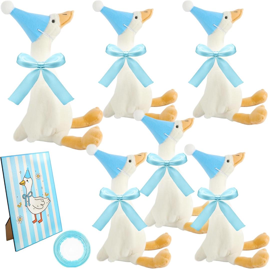 14 Pcs One Silly Goose 1st Birthday Decoration 6 Pcs 12 Inch Soft Goose Stuffed Animal 6 Pcs Birthday Hat with Wood Table Decor and 1 Roll Rope for Adopt a Animal Party Favors Gifts (Color Set 2)
