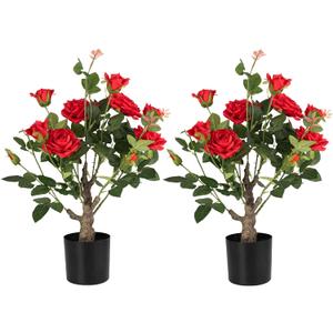 Artificial Rose Flower Trees 2 Pack- 24 Lifelike Plant in Pot with Red Flowers Decorative Rose Trees for Home, Office, Wedding, and Event Decor, Red