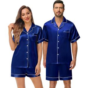 DIKFA Matching Silk Satin Pajamas Set for Couple Short Sleeve Sleepwear for Women&Men 2pcs Pjs Set Button-Down Nightwear Set, One Size