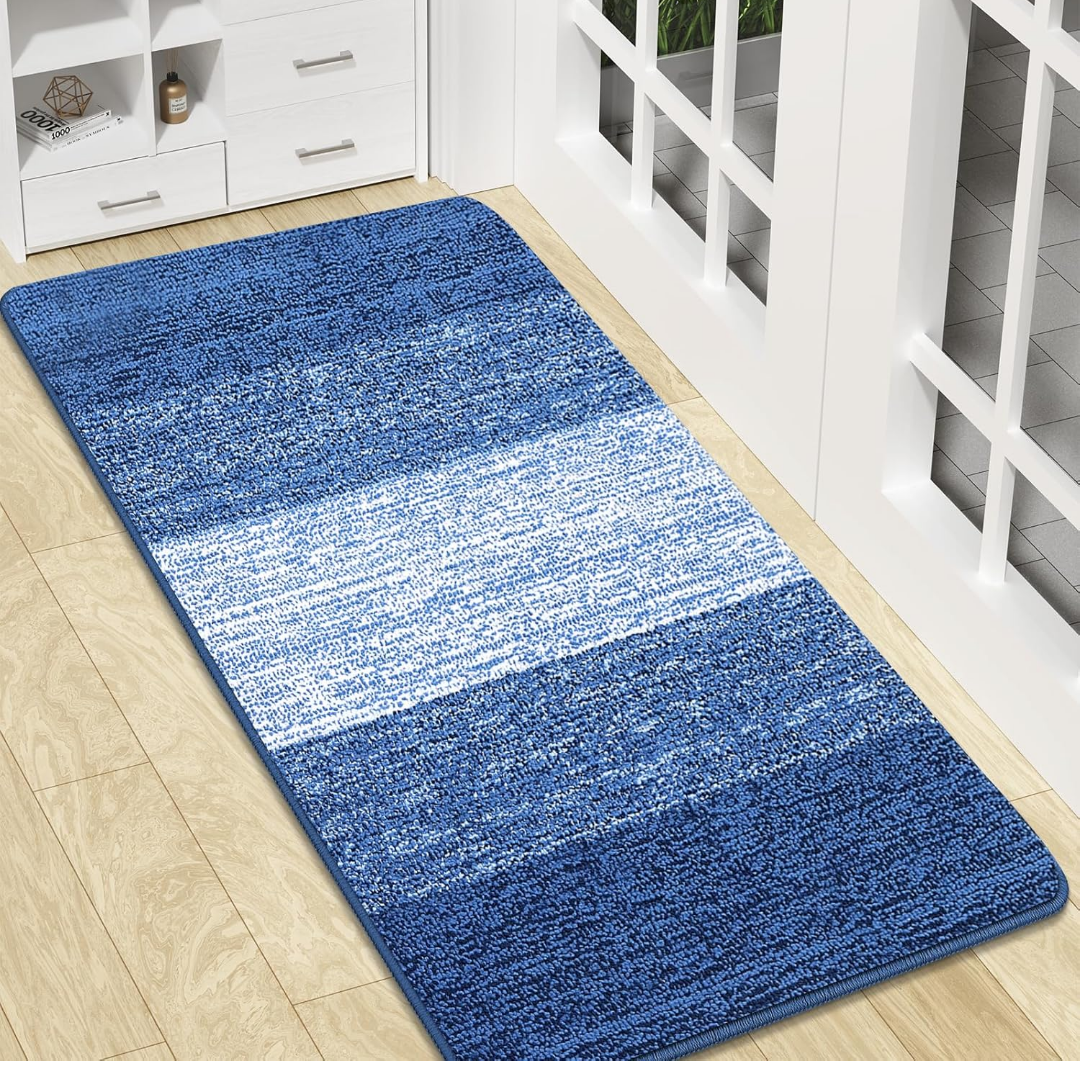 Kitinjoy Indoor Outdoor Door Mat, 47x20 Non-Slip Absorbent Dirt Trapper, Low-Profile Washable Inside Entrance Front Floor Mat, Sturdy Soft Entry Doormats for Entryway, Navy Blue