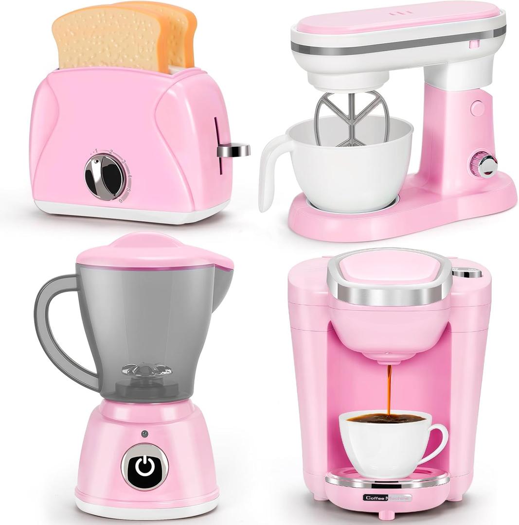 Pink Play Kitchen Appliances Toy Set with Coffee Maker Machine, Mixer, Toaster, Blender, Kids Kitchen Playset, Play Kitchen Accessories with Sound & Light, Birthday Gifts for Kid Girls Ages 3-5 4-8