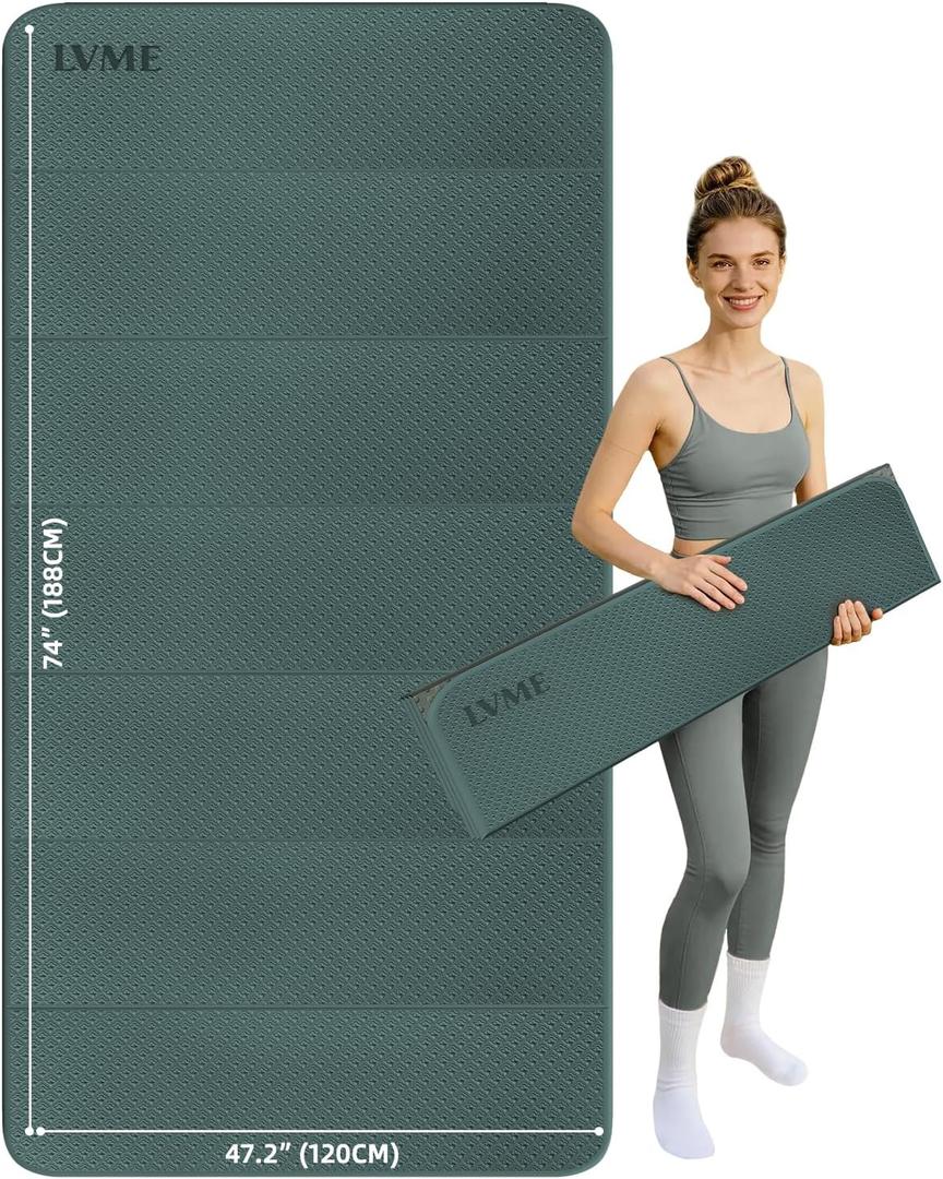 Large Yoga Mat, 74"x47.2" Extra Wide & Long Foldable Yoga Mat, 0.4" Thick Folding Yoga Mat, 2-Person Workout Mat for Home Gym, Extra Large Non-Slip Fitness Mat for HIIT, Yoga, Stretching, Portable Design for Easy Storage (Deep green+Gray)