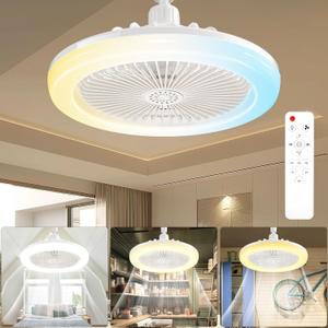 Socket Ceiling Fan Light Screw in with 3 Color Temp, Low Profile Enclosed Dimmable Fanlight with Remote, 10 inch Small Adjustable White E27 LED Ceiling Lights for Bathroom/Bedroom/Garage