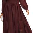 SCOMCHIC Womens Plus Size Formal Dresses Chiffon Wedding Guest Long Sleeve V Neck Smocked Flowy Slit Maxi Dress (Burgundy)
