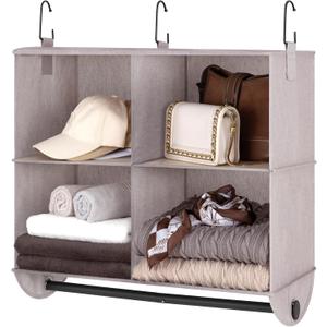 StorageWorks Hanging Closet Organizer with Garment Rod, 4-Section Clothes Storage for Closet, 12 " D x 24 " W x 28" H, Light Khaki