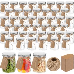 Nitial 50 Pack 5 oz Plastic Jars with Lids Bulk Yogurt Containers with Lids Gift Jars with DIY Craft Twine and Labels Gifts for Birthday Wedding Halloween Christmas Party Favor(Silver,Aluminum Lid)