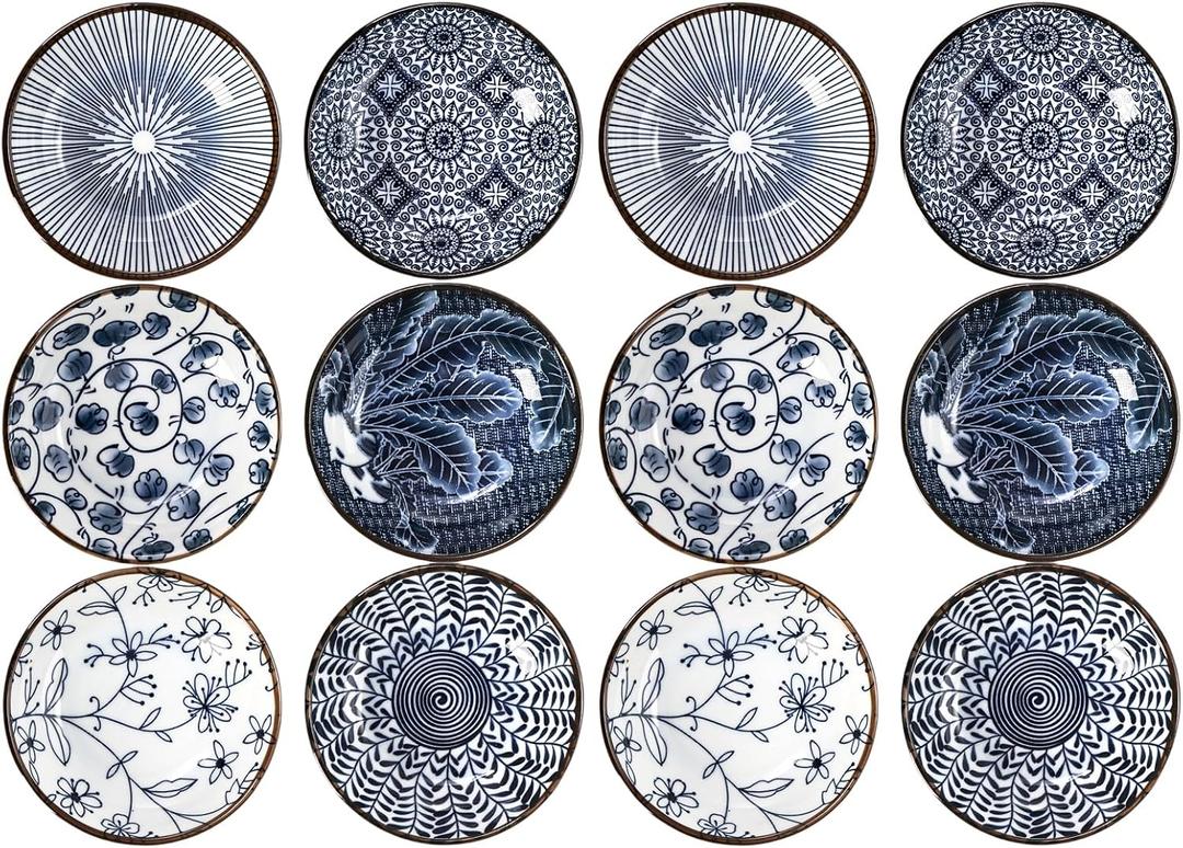 ZENFUN 12 Pcs Soy Sauce Dishes, Tiny Bowls, 3 oz Dipping Bowls for Condiment Sushi, Elegant Mini Bowl for Side Dish, Ketchup, Appetizer Plates, Ceramic, Blue and White