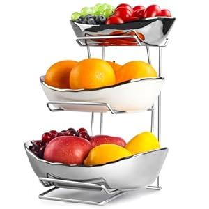 YUNLINLI Ceramic 3 Tier Fruit Serving Bowls for Kitchen Counter with Metal Stand, Fruit Basket for Fruit Vegetable, Snack, Nuts, Dessert Storage