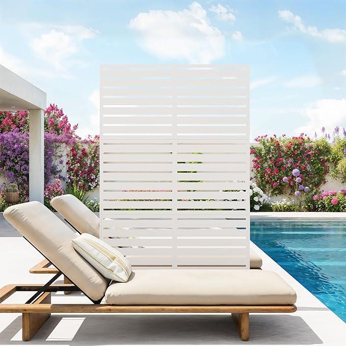 Garvee 72" H x 47" W Outdoor Metal Privacy Screen, 6FT Decorative Privacy Fence Freestanding Panels with Stand, Room Dividers, Patio Metal Screen Panel for Garden Yard Balcony Deck, White, Louvered A