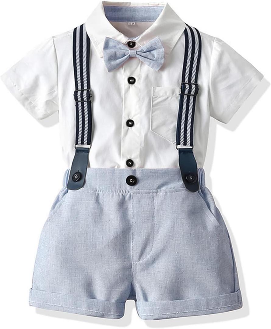 Volunboy Toddler Short Suspenders Outfits Baby Boys Summer Gentleman Suits Wedding Ring Bearer Bowtie Dressy Suits (White+Blue, 3-4T)