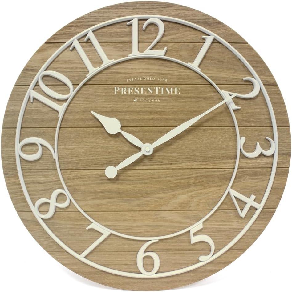 Presentime & Co Classic Farmhouse Shiplap Clock, 19.5 inch, White Arabic Numerals with Ash Wood Shiplap Style. Large Farmhouse Decor for Living Room, Entryway, Home Office, Wall Dcor