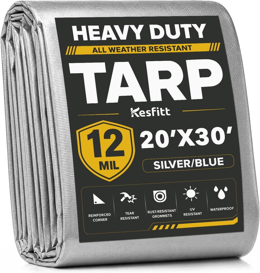 Kesfitt 12 Mil Heavy Duty Waterproof Tarp, 8x20 FT, Silver & Blue, 20 x 30 FT