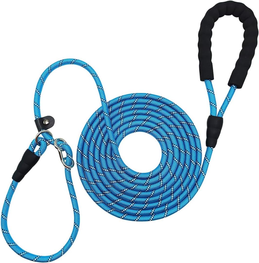 12FT 20FT Anti-Choking Long Training Lead, Reflective 3/8" Thick Slip Lead Rope Leash with Comfortable Handle, No Pull Leash for Dogs (12ft, Blue)
