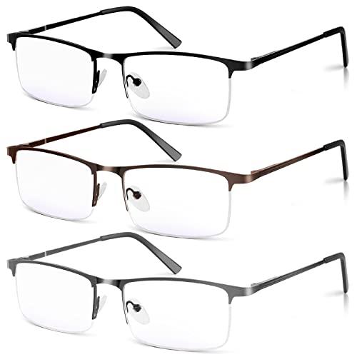 WEIMELTOY 2 Pack Blue Light Blocking Reading Glasses for Men, Stylish Half Frame Metal Computer Readers, Lightweight Spring Hinge Eyeglasses Anti Eyestrain/Glare/UV (Mix Color, Black+Grey+Brown, 1.5)