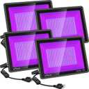 4 Pack 300W LED Flood Black Lights,395nm to 405nm UV Outdoor Flood High Power Blacklight Light with Plug in, IP66 Waterproof Large Black Light Spotlight for Glow Party Large Space, Halloween