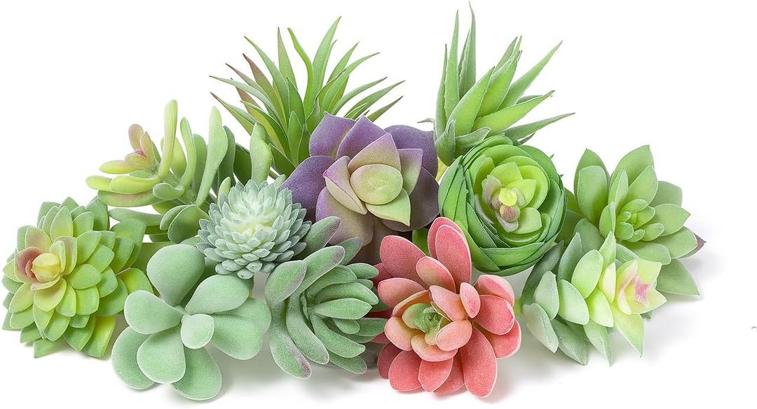 HappyHapi 12 Pcs Artificial Succulents Mini Fake Plants Unpotted Faux Succulent for Craft, Small Plastic Succulents Assortment in Flocked Green Floral Decor for Party, Cake, Garden & Outdoor