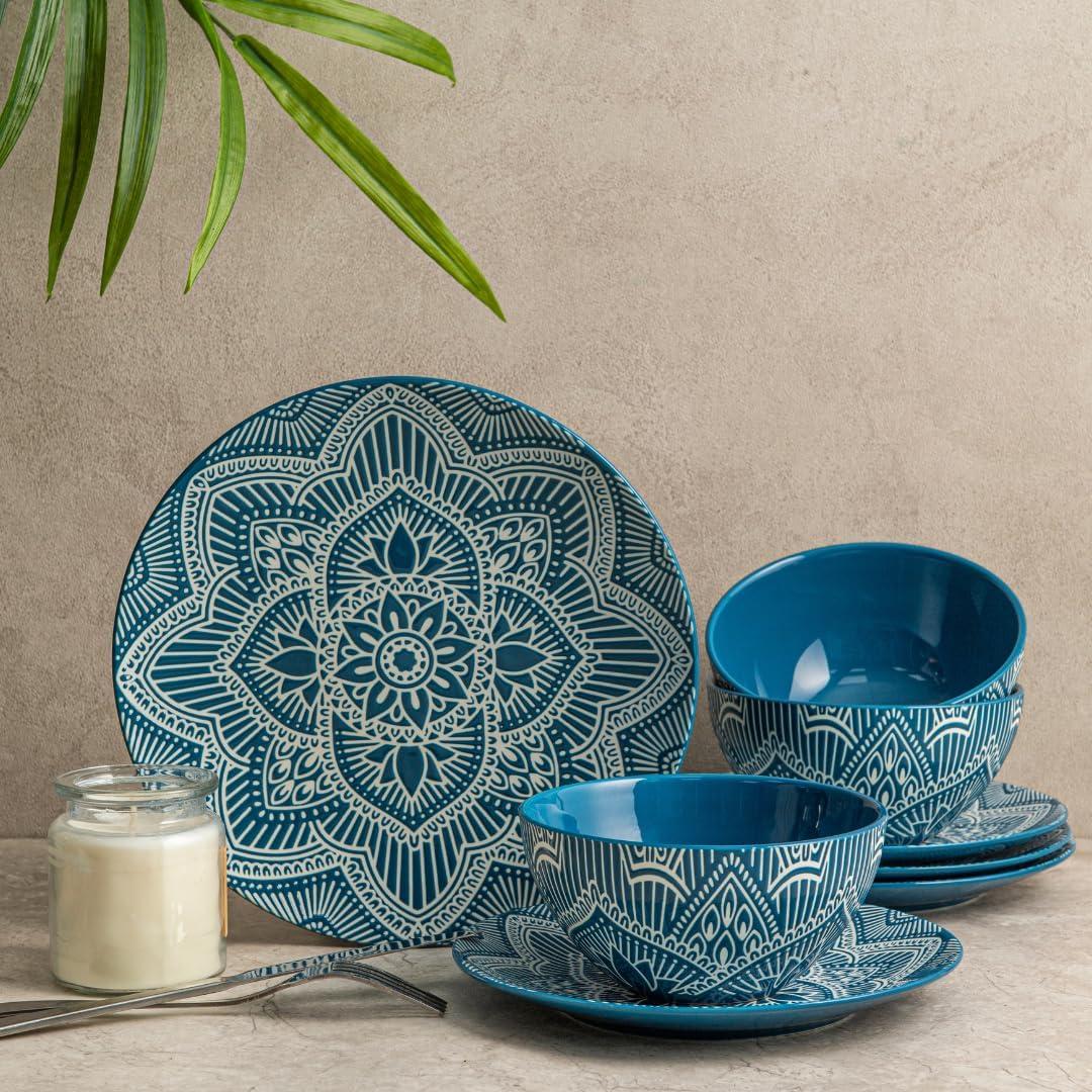 Bzyoo 12-Piece Ceramic Dinnerware Set: La La Mandala Blue Dish Set Design for Every Occasion - Microwave & Dishwasher Safe Stackable Plates Bowls