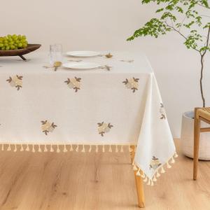 Meikelor Floral Linen Table Cloth for 8 Foot Rectangle Table Brown Flower Pattern Embroidered Tablecloth Cream Colored Fabric Neutral Farmhouse Thick Faux Burlap Tablecloth for Dining Buffet 60 x 144