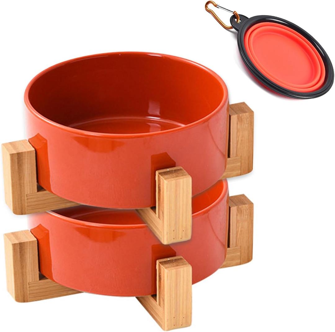 Petygooing Ceramic Dog Cat Bowl Set with Stand - Medium Dog Bowls, Anti-Slip Set of 2 - 28 OZ /3.6 Cups - Rust Red (Medium Size Dog Bowls 850ML*2)