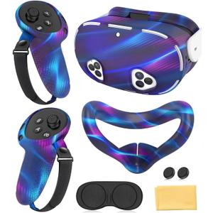 Silicone Cover Set Compatible with Meta Quest 3S Accessories, VR Protector Face Cover, Controller Grips, Front Shell Headset & Lens Protective C-Over for Oculus/Meta Quest 3s Accessories(Aurora Blue)