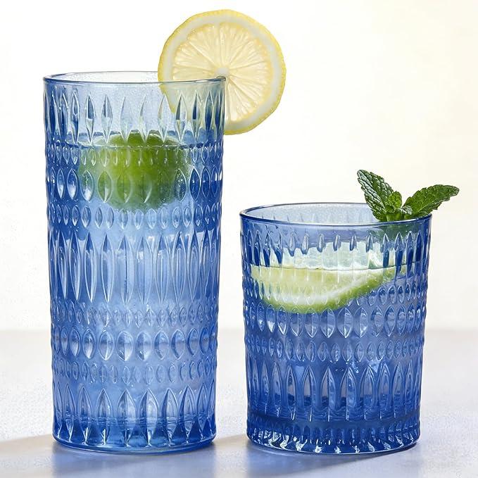 Loivttvv Glassware Drinking Glasses Set of 8, 14 oz Highball Glasses & 10 oz Ribbed Glass Cups, Vintage Glassware for Water, Juice, Cocktail, Whiskey (Blue)