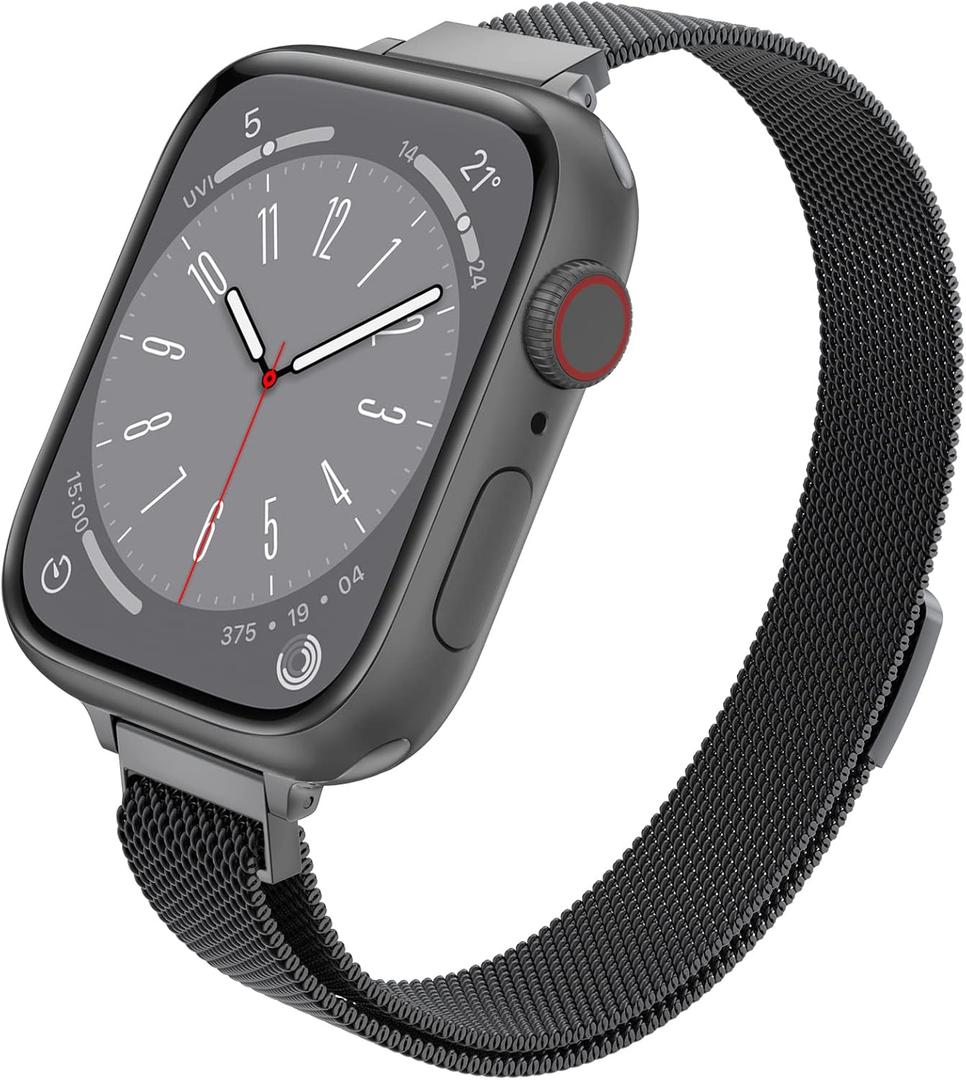 LELONG Slim Watch Band Compatible with Apple 38mm 40mm 41mm 42mm 44mm 45mm 49mm,Stainless Steel Replacement for iWatch Bands Series 9,Ultra 2,SE,Ultra 8 7 6 5 4 3 2 1(Black,45mm/44mm/42mm/49mm)
