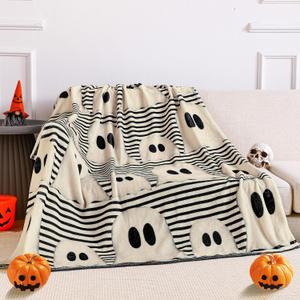 Halloween Throw Blanket Cute Rustic Ghost Flannel Blanket Farmhouse Spooky Blanket Soft Black White Striped Blanket Retro Halloween Decoration for Sofa Bed Holiday Party Gifts,50 x60