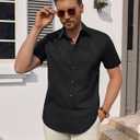 Men's Short Sleeve Dress Shirts Stretch Stain Shield Business Casual Button Down Shirts Solid Formal Wedding Tops (Black, L)
