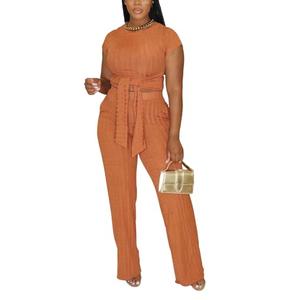 HBQ Women's Summer 2 Piece Outfits Lounge Sets Short Sleeve Belted Crop Tops Wide Leg Pant Sets Casual Tracksuit Size, M