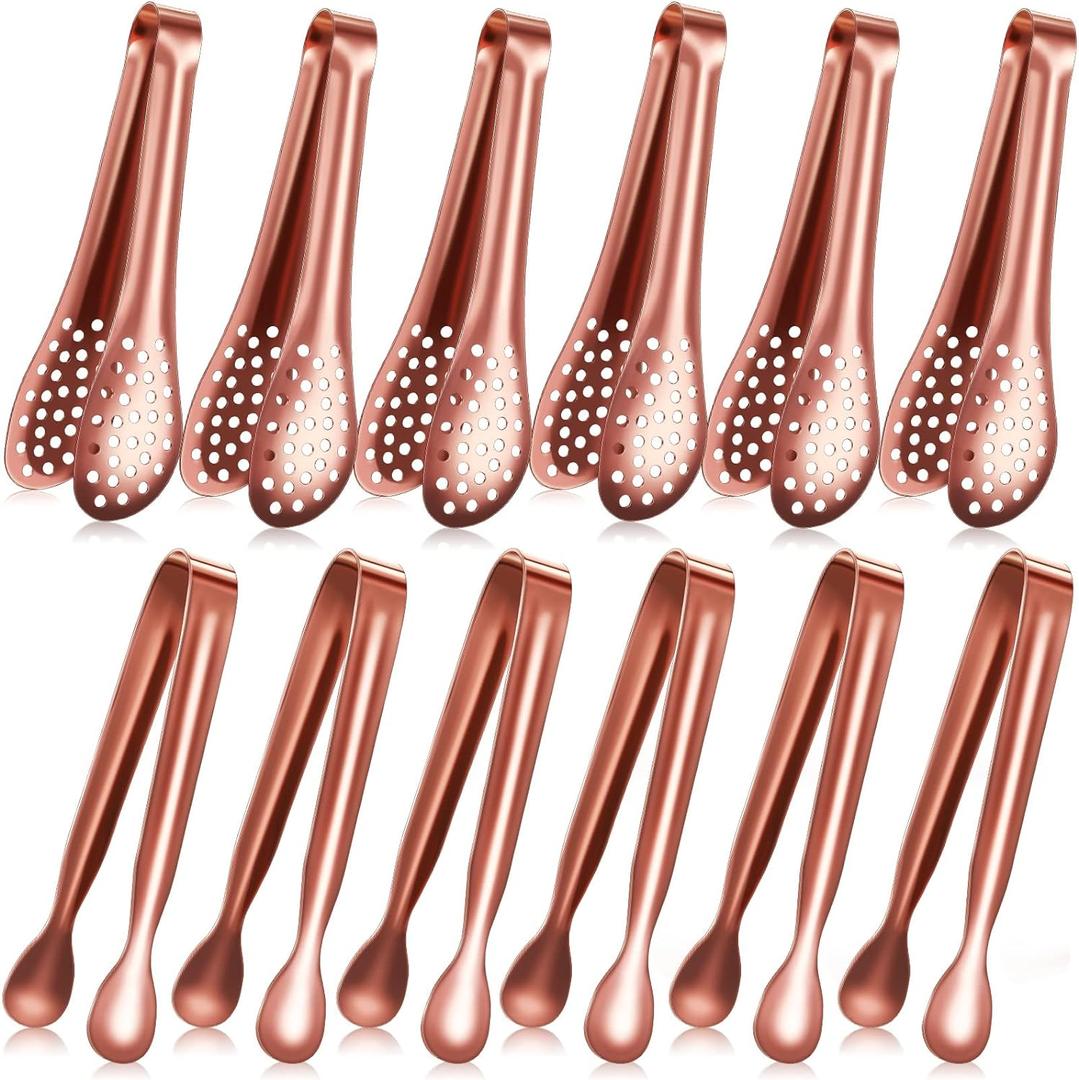 Vesici 12 Pieces Mini Serving Tongs 5 Inch Small Tongs Serving Utensils, Ice Pincers Mini Sugar Pincers, Small Pliers for Appetizers, Tea Party, Coffee Bar, Desserts (Rose Gold)