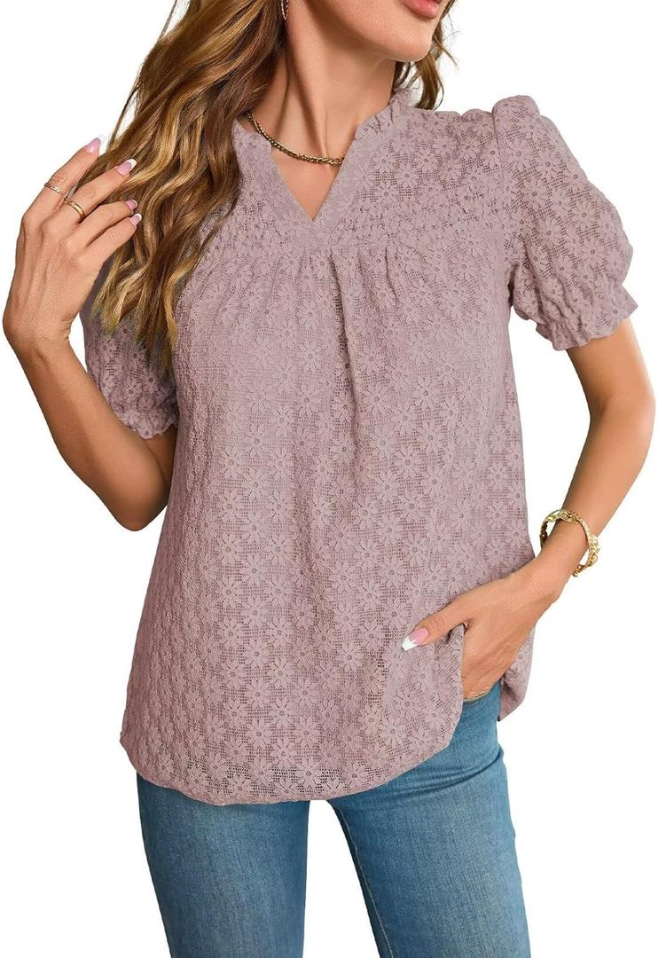 Falechay Tops For Women 2025 Boho Floral Short Puff Sleeve Shirts Summer Flowy V Neck Casual Lace Blouses (X-Large, Pink)