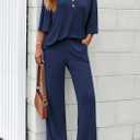 PRETTYGARDEN 2 Piece Lounge Sets for Women Summer 2025 Short Sleeve Tops Wide Leg Pants Matching Travel Outfits Clothing (Navy, X-Small)