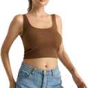 Women Rib Tank Top Padded Workout Top Square Neck Crop Tank Fitted Basic Cami Tops (X-Large, Brown)