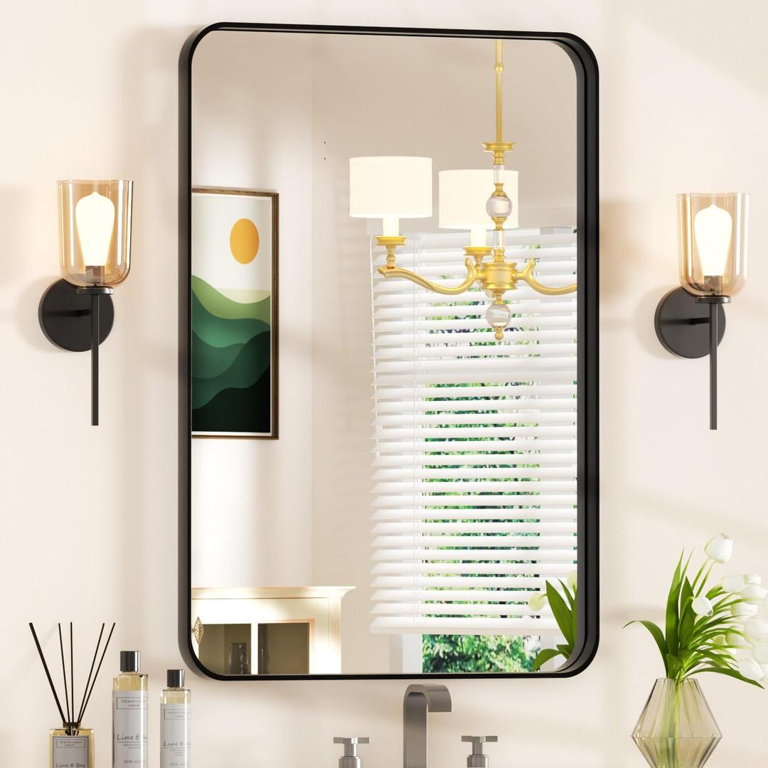 2436 Black Bathroom Mirrors for Over Sink - Rectangular Wall Mirror with Rounded Corners & Metal Frame, Tempered-Glass Entryway Wall Decor for Bedroom, Living Room, Vanity, Horizontal/Vertical