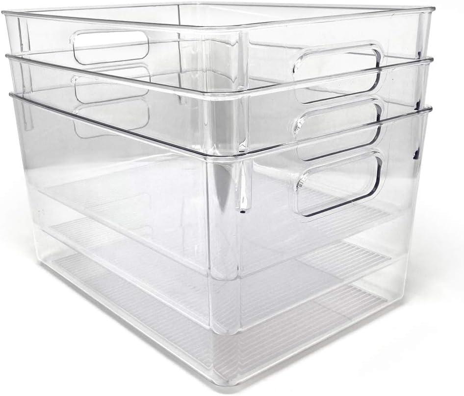 Isaac Jacobs 3-Pack Large Clear Storage Bins with Handles, Plastic Organizer for Home, Room, Office, Fridge, Kitchen/Pantry Non-Slip Container Set, Food Safe, BPA Free (3-Pack, Large)