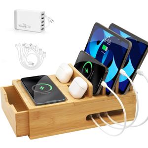Bamboo Charging Station for Multiple Devices, Desk Charging Organizer with Drawer & Tray, Wood Docking Station for Multi Devices, Cell Phone, Tablet (Included 6 Cables, 5 Port USB Charger)