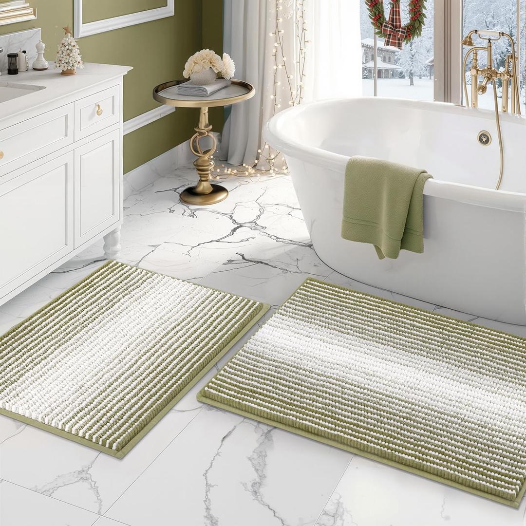 Bathroom Rugs and Mats Sets, 2 Piece Thick Absorbent Chenille Bath Mat Rug Set Non Slip, Soft Shaggy Bath Room Floor Mats for Bathroom, Machine Washable (Linden Green, 20" x 32" Plus 16" x 24")