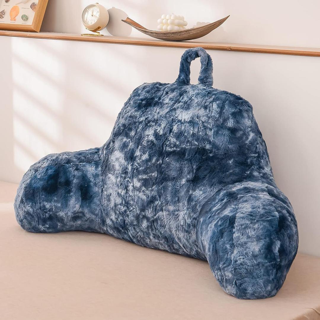 A Nice Night Faux Fur Reading Pillow Bed Wedge Large Adult Children Backrest with Arms Back Support for Sitting Up in Bed/Couch for Bedrest,Tie Dyed Navy