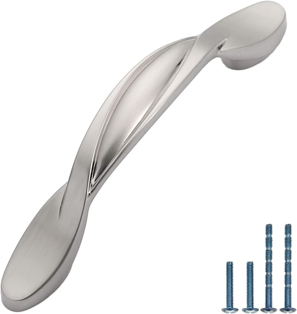 Asidrama 10 Pack 3 Inch(76mm) Brushed Satin Nickel Kitchen Cabinet Handles, Cabinet Pulls Kitchen Cabinet Hardware for Cupboard Drawer Pulls, 3" Hole Center, Twisted-10 Pack, Brushed Satin Nickel 