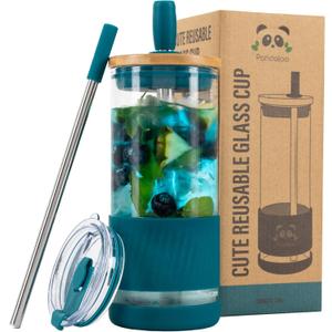 Pandaloo Glass Cups With Lids and Straws -20 Fl Oz- Perfect Size Iced Coffee Cup - Smoothie Cup With Bamboo Lid and On the go Lid - Glass Tumbler With Straw (1 Count (Pack of 1), Intense Teal)