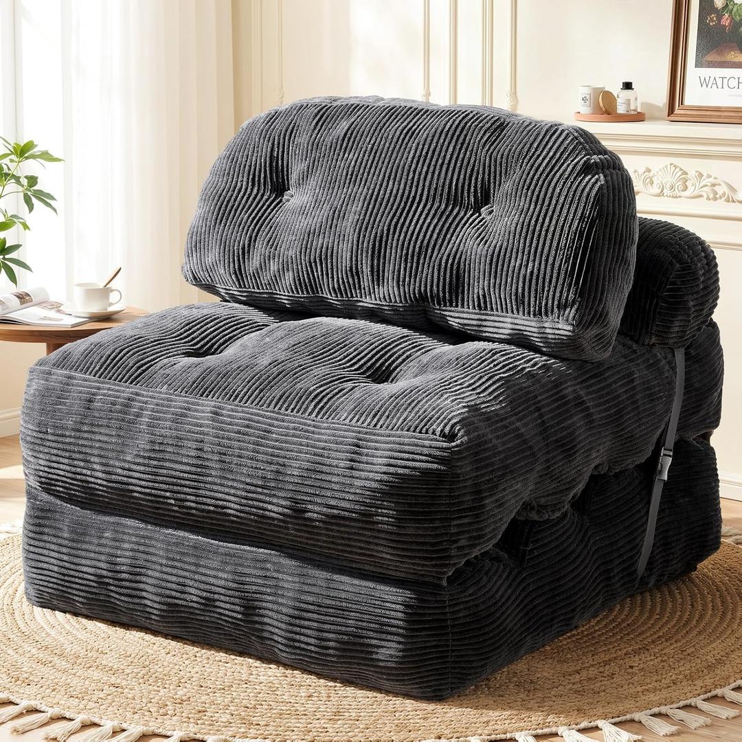 Folding Sofa Bed, Convertible Sleeper Chair with Back Support and Pillow Futon,Boneless Foldable Couch for Living Room/Guest Use/Home Office, Foldable Chair Bed for Adults, Dark Gray, Single