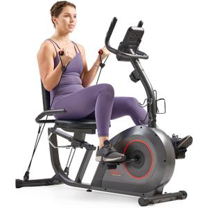 Sunny Health & Fitness Smart Heavy-Duty Recumbent Bike w/Wide Cushioned Seat & Back, Indoor Cycling Machine for Adult/Seniors Home Exercise, Free SunnyFit App Connect, Optional Workout Training Bands