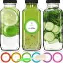 STARSIDE 12 oz 3 Pack Glass Juice Bottles with Lids - Square Reusable Drinking Jars for Juicing, Milk, Kombucha - Includes 1 Bottle Brush, 6 Colored Labels