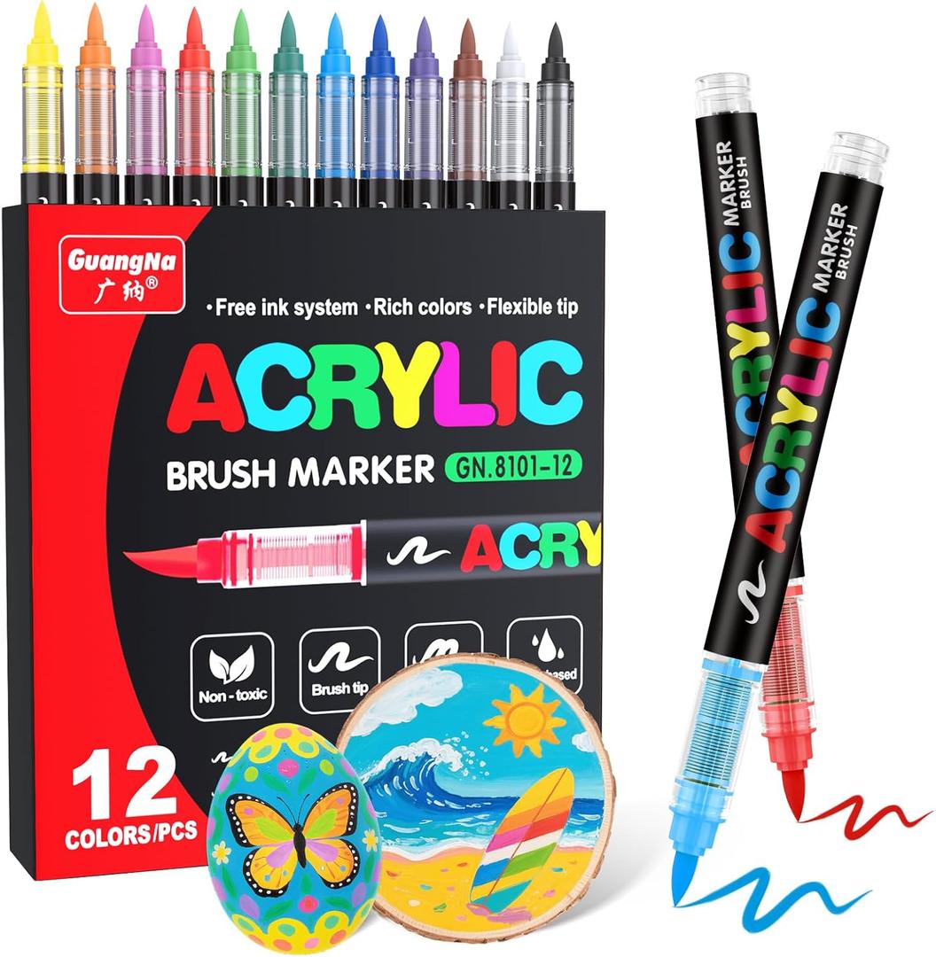 Guangna Acrylic Paint Markers Brush Tip, 12 Vivid Colors with Direct-Liquid Ink System, Professional-Grade Paint Pen for Rock Painting, Canvas, Glass, Plastic, Fabric Pumpkin Painting Decorating Kit (Multicolor)