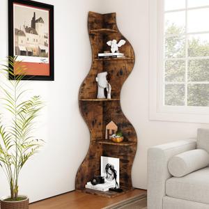 Modern Corner Shelf, 5 Tier High Corner Bookshelf for Small Spaces, Scalloped Corner Bookshelf and Storage, Wooden Display Stand for Plants, Books and Decorations (Rustic)