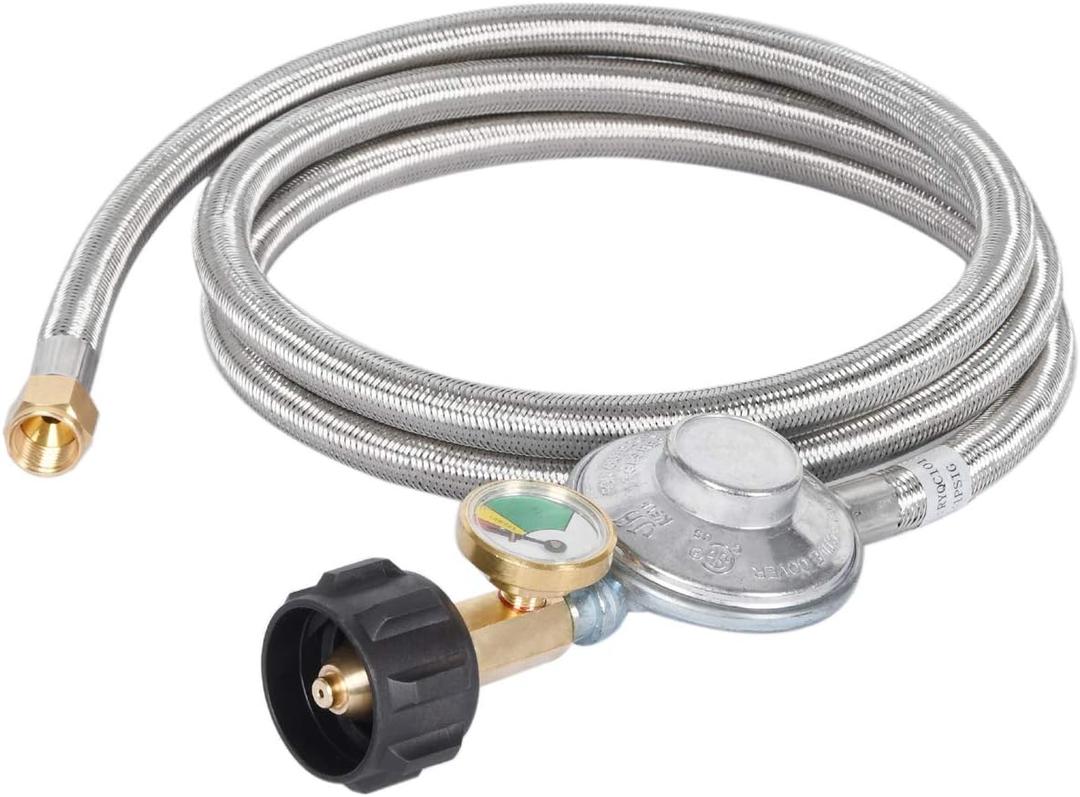 GasSaf 6FT Propane Regulator Hose with Gauge, Grill Regulator Hose QCC1 Connection for Most LP Gas Grill, Heater, and Fire Pit Table, 3/8" Female Flare Nut (Silver)
