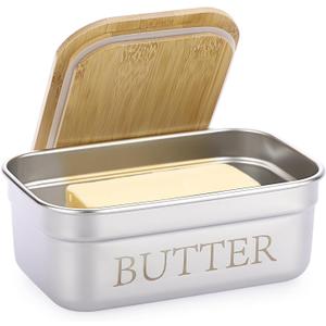 BSTKEY Butter Dish with Lid for Countertop, Stainless Steel Butter Holder Container with Silicone Sealing, Butter Keeper for Kitchen, Holds 1 Stick West or 2 Sticks East Coast Butter