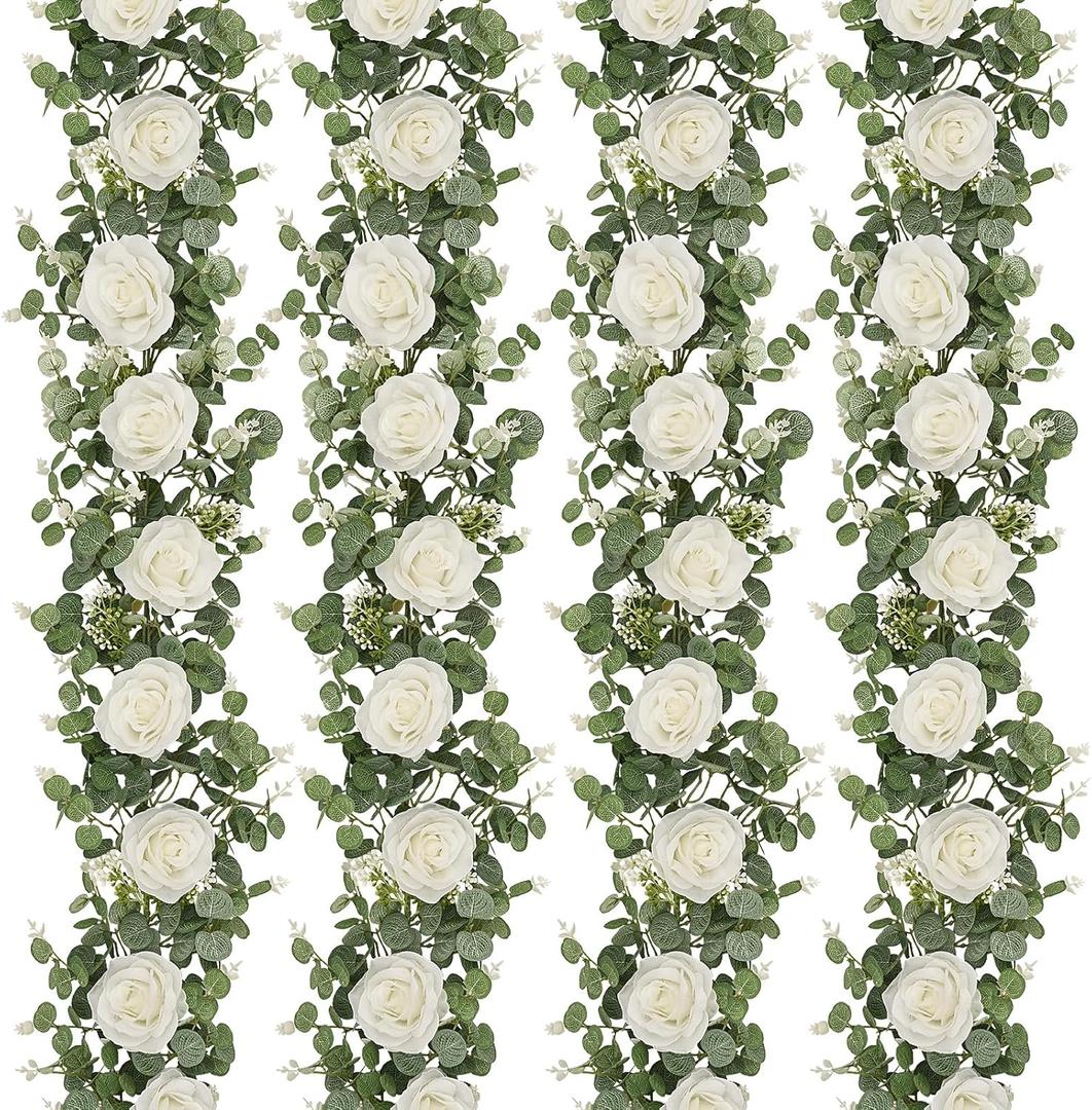Dolicer 4Pcs 26Ft Artificial Eucalyptus Garlands with Flowers - 8 Roses, Faux Floral Greenery Garlands Fake Flowers Vines for Wedding Table Centerpieces Arch Party Ceremony Backdrop Decor (White)