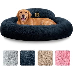 PetJett Dog Beds Large Sized Dog - 36'' Calming Round Bed, Washable Dog Bed - Anti-Slip Super Soft Donut Bed, Fluffy Faux Fur Anti-Anxiety Premium Comfort Pet Bed, Fits Dogs up to 80 lbs - Dark Grey